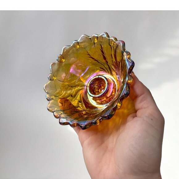 Pair of Indiana Glass Carnival Iridescent Glass Amber Vintage MCM Candle Holders - Picture 2 of 10